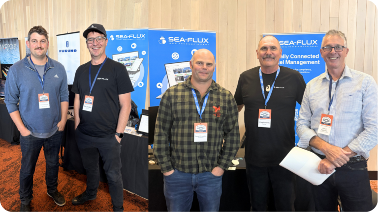 Vaughan Ellis and Blair Sneddon with seafood industry attendees at the Sea-Flux stand during the 2026 Wellington conferences